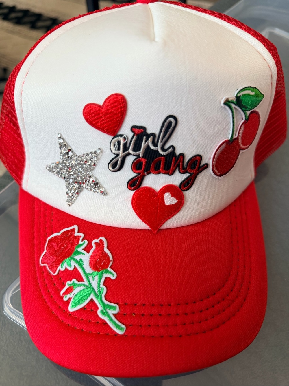 Girl Gang Red & White Patch Trucker Hat